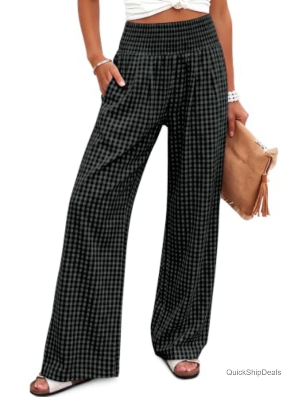 Womens Wide Leg Palazzo Pants Lightweight Gingham Stripe Smocked Waist